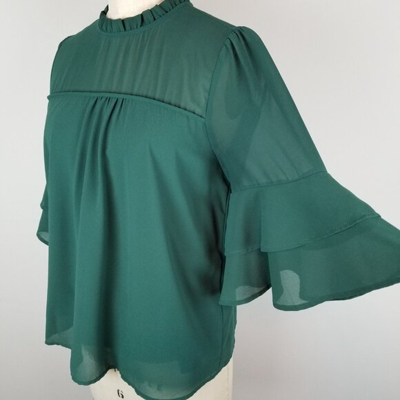 Monteau Emerald Green Chiffon Blouse 3/4 Flared Sleeve Blouse w/Ruffle * Medium - Picture 3 of 7